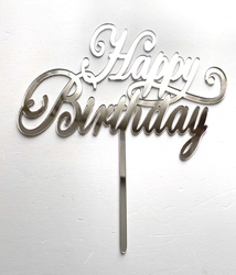 Diğer - Pleksi pasta süsü HAPPY BIRTHDAY-1 Gümüş;15*16 cm